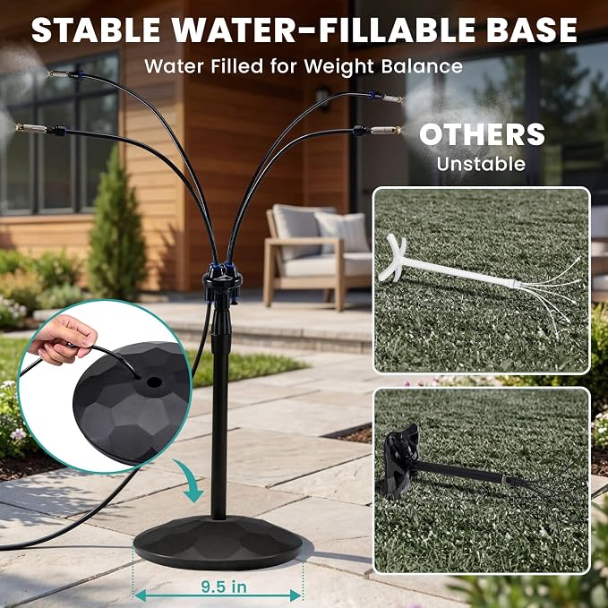 HOMENOTE Standing Misting Cooling System with Fillable Base, 26.2FT Water Line, Adjustable Height Standing Mister for Outside Patio Cooling, Pool Tanning, Garden Greenhouse Watering (Black)