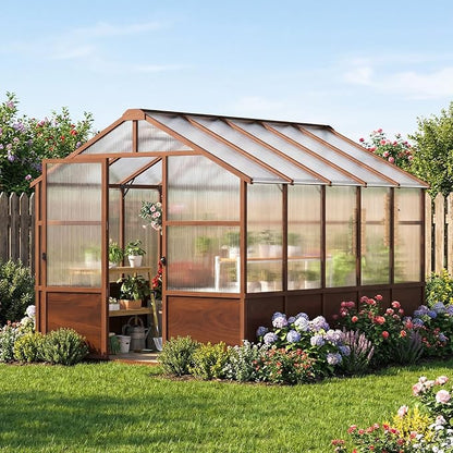 Jocoevol 8x10ft Outdoor Greenhouse, Wooden Frame Polycarbonate Greenhouse with Adjustable Roof Vents and Lockable Door Handle, Walk-in Greenhouse Perfect for Backyard and Garden