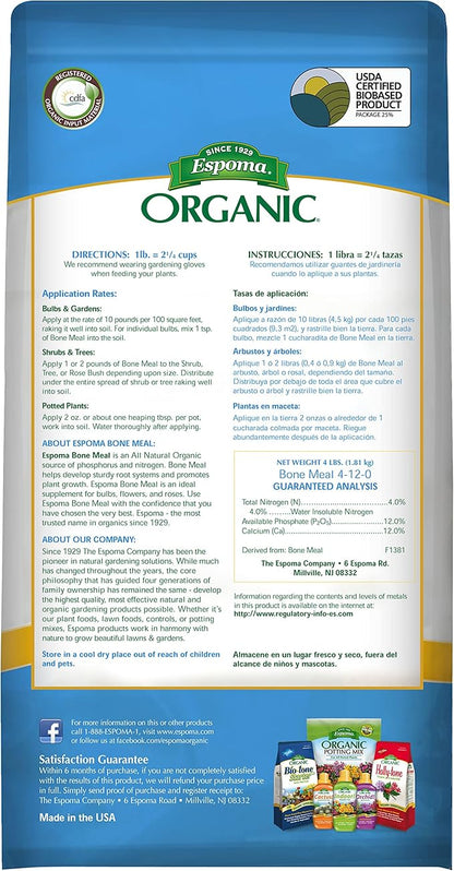 Espoma Organic Bone Meal Fertilizer 4-12-0. All-Natural Plant Food Source of Nitrogen and Phosphorus For Organic Gardening. For Bulbs & Other Flowering Plants. 4 lb. bag.
