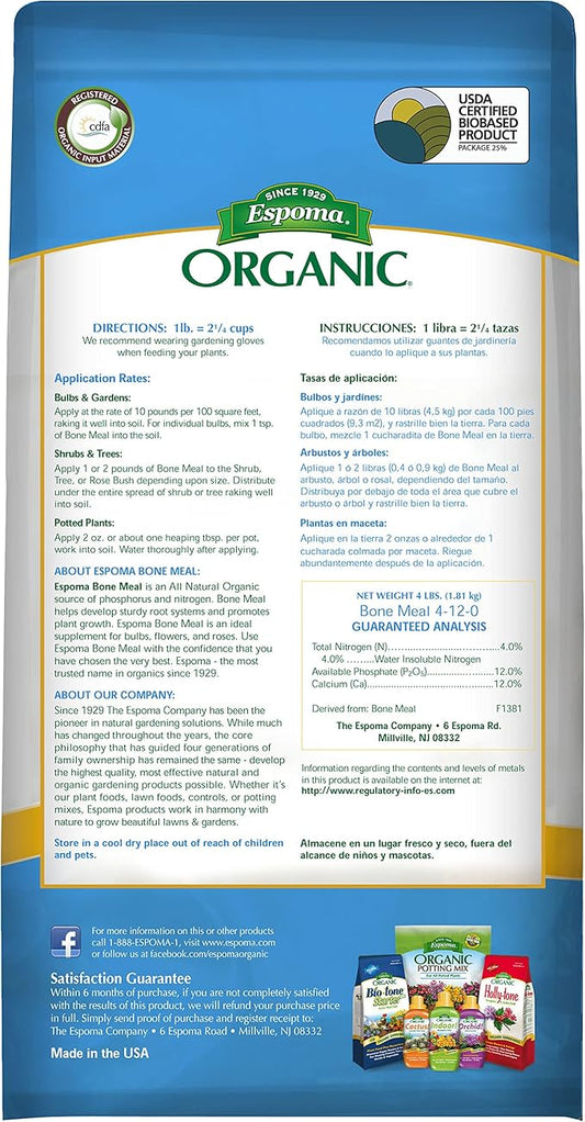 Espoma Organic Bone Meal Fertilizer 4-12-0. All-Natural Plant Food Source of Nitrogen and Phosphorus For Organic Gardening. For Bulbs & Other Flowering Plants. 4 lb. bag.
