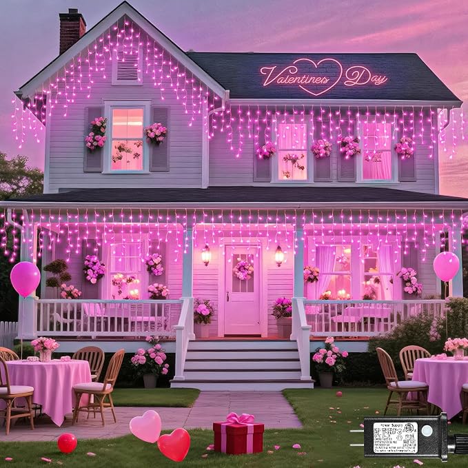 33ft Icicle Lights for Outside, Pink Christmas Lights Outdoor Waterproof for House, 400 LED Twinkle Light with 75 Drops Clear Wire Short Curtain Lights for Room Home Wall Indoor Decorations