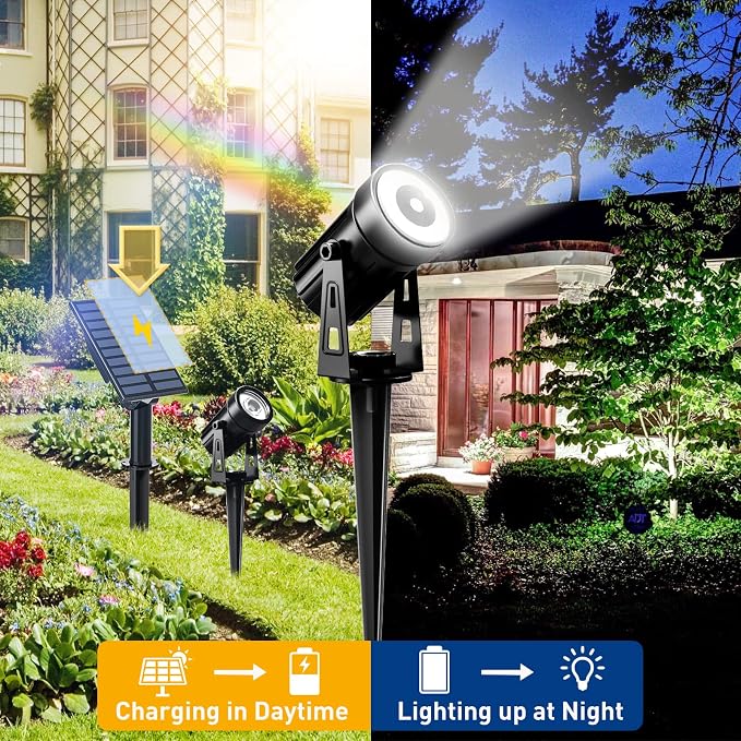 T-SUNUS Solar Spot Lights Outdoor White Christmas 4 Pack IP65 Waterproof Landscape Spotlights 6000K Separate Panel with 9.8ft Cable Auto On/Off for Flag Pond Trees Driveway Garden Pathway Halloween