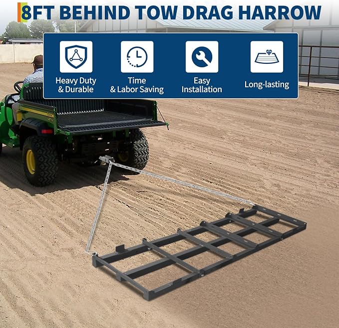 GarveeLife Drag Harrow Lawn Tractor, 4Ft Heavy Duty Driveway Drag with Chain for Gravel, 4 Safety Belts, Tow Behind Lawn Rake for ATV, Farm Field Garden