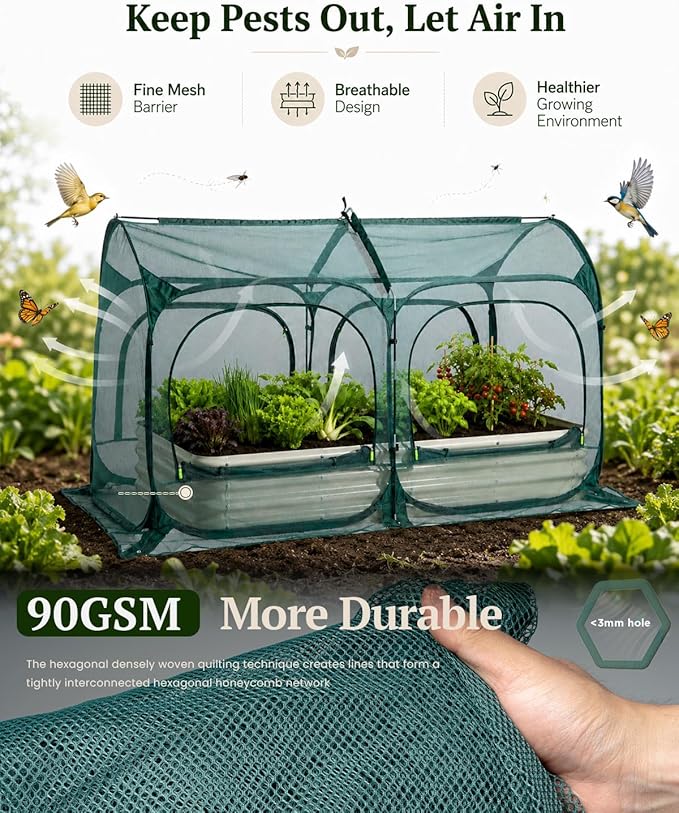 PORAYHUT All-in-One Raised Garden Bed and Crop Cage Net Kit, Metal Outdoor Planter Box with Protective Mesh Greenhouse Cover for Backyard Vegetables, Herbs, Flowers (6.56 * 3.3FT Raised Bed &Net)