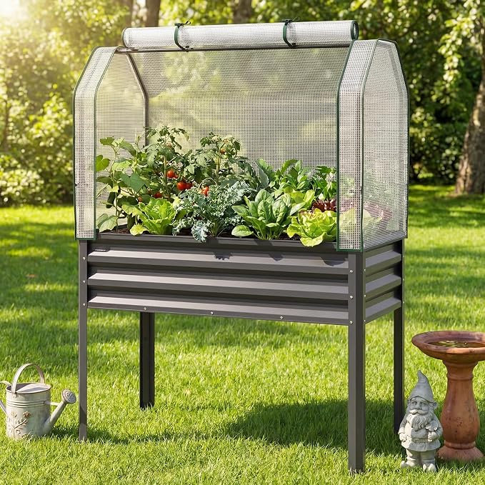 Giantex Raised Garden Bed with Legs & Greenhouse Cover, 44x22x60 Elevated Metal Planter Box with Roll-up Door, Outdoor Mini Greenhouse for Vegetable Flower Herb Patio Balcony (Gray,2)