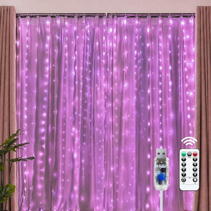 Brightown 300 LED Pink Fairy Curtain Lights, 9.8ft x 9.8ft String Lights | USB Plug in 8 Lighting Modes Christmas String Hanging Lights with Remote for Bedroom Indoor Outdoor Xmas Valentine's Day