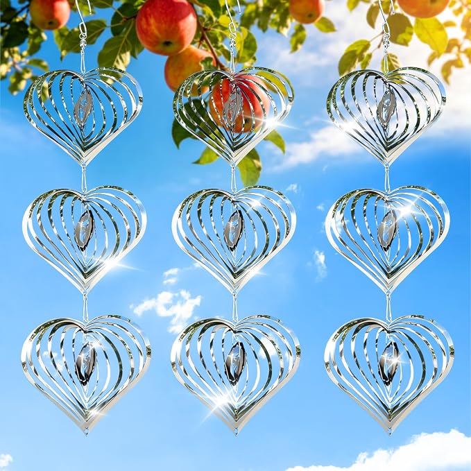 OFFO 304 Stainless Steel Bird Reflectors, Double-Sided Reflective 3D Heart Bird Scare Devices, Outdoor Garden Decor for Patio Yard Porch Pool Window, 9 PCS