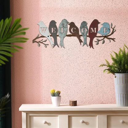 Peryiter Bird Wall Art Birds on Branch Welcome Sign Hanging Outdoor Metal Wall Decor Welcome Signs for Porch Vivid Statue Welcome Wall Decor Tree Silhouette for Bedroom Garden(Vintage Colors)