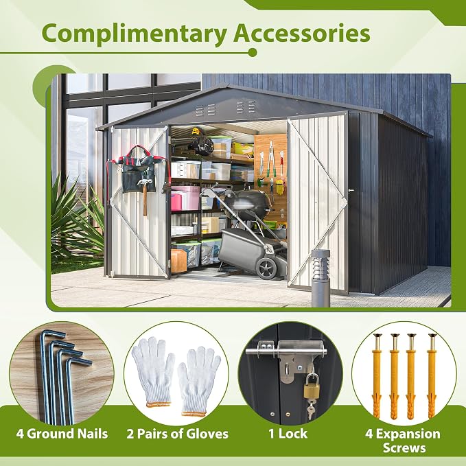 YOPTO 10X8 FT Outdoor Storage Shed,Metal Shed W/Lockable Doors,Black | Air Vents,Sloped Roof for Drainage,All Weather Waterproof,Galvanized Steel Tool Shed for Garden,Patio,Backyard,Lawn
