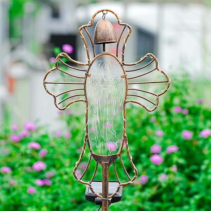 Solar Lights Garden Backyard Decor Outdoor,Angel Figurine Waterproof Light Cross Stake,Housewarming Yard Patio Pathway Lawn Ornaments Ideas for Gardening Mother Grandma