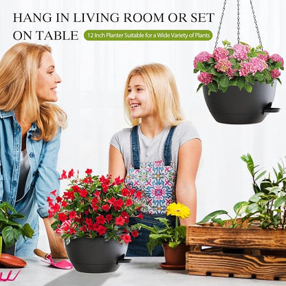 12 Inch Hanging Baskets 2 PC with Chains, Self-Watering Hanging Planters for Indoor Outdoor Plants, Plastic Hanging Flower Pots,Black