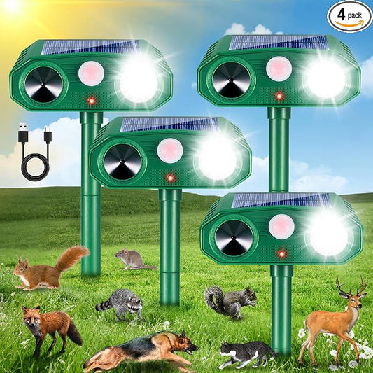 2026 Solar Ultrasonic Animal Repellent, Motion Activated Deer Repellent Devices with Flash Light, Cat Squirrel Rabbit Dog Raccoon Deterrents, Waterproof Sonic Animal Repeller for Yard & Garden 4 Pack