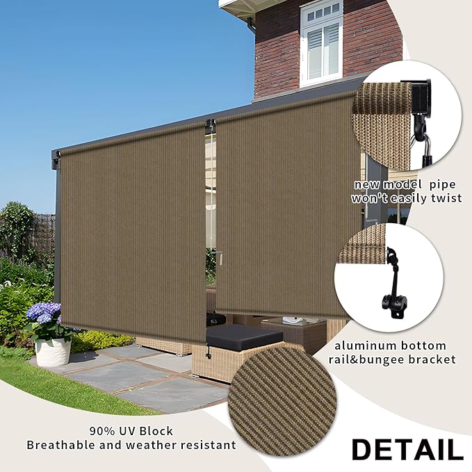 KANAGAWA Outdoor Roller Shade 10'X8' Walnut Exterior Cordless Patio Roll Up Shades for Outside Pergola Porch, Outdoor Blinds for Patio