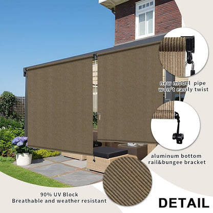 KANAGAWA Outdoor Roller Shade 10'X8' Walnut Exterior Cordless Patio Roll Up Shades for Outside Pergola Porch, Outdoor Blinds for Patio