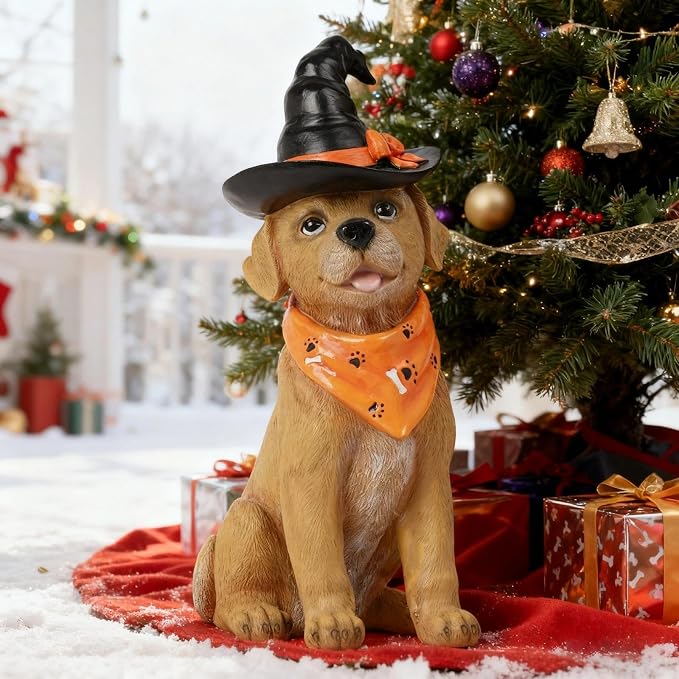 Holiday Decorations Indoor Dog Statue - Halloween Decor Figurine for Outdoor Indoor Mysterious Christmas Tabletop Puppy Sculpture Witch hat, Spooky Gifts Ghost Garden Decorations Rottweiler 5x7x13INCH