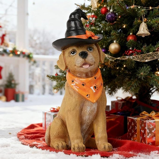 Holiday Decorations Indoor Dog Statue - Halloween Decor Figurine for Outdoor Indoor Mysterious Christmas Tabletop Puppy Sculpture Witch hat, Spooky Gifts Ghost Garden Decorations Rottweiler 5x7x13INCH