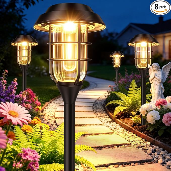 LETMY Solar Pathway Lights Outdoor, 8 Pack Bright Solar Lights Outdoor, IP65 Waterproof Auto On/Off Garden Lights Solar Powered Landscape Lighting for Yard Path Patio Walkway Driveway Pathway - Black