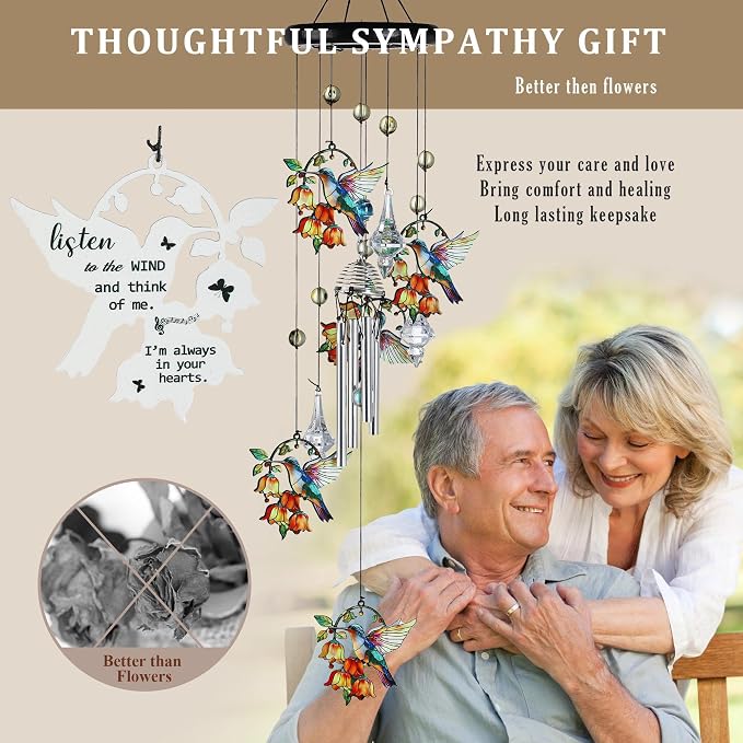 YU FENG Hummingbird Wind Chime, Orange Flower Memorial Suncatcher | 27 Inch Metal Wind Chime, Colorful Flower Design, Sympathy Gift For Women Mom Grandma, Outdoor Garden Decoration