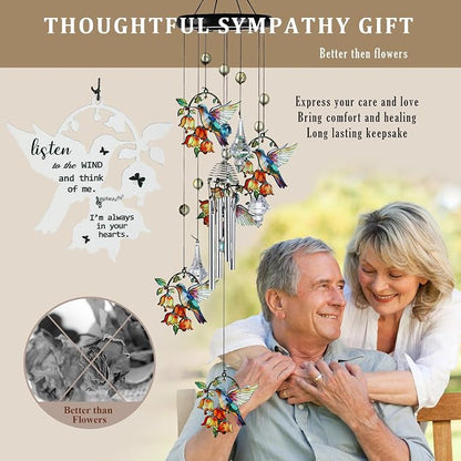 YU FENG Hummingbird Wind Chime, Orange Flower Memorial Suncatcher | 27 Inch Metal Wind Chime, Colorful Flower Design, Sympathy Gift For Women Mom Grandma, Outdoor Garden Decoration