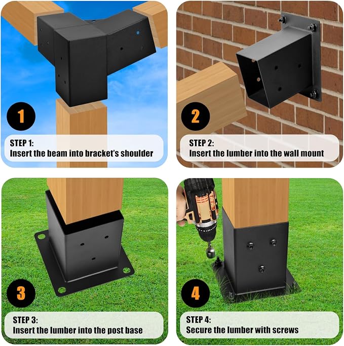 Pergola Kit, 15° 3-Way Slanted Roof Pergola Bracket Set, Roof Wall Mount Extension Bracket 4" x 4" (Actual 3.5" X 3.5") - Set 6