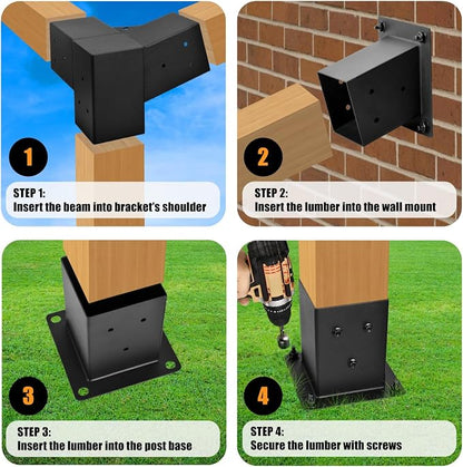 Pergola Kit, 15° 3-Way Slanted Roof Pergola Bracket Set, Roof Wall Mount Extension Bracket 4" x 4" (Actual 3.5" X 3.5") - Set 6