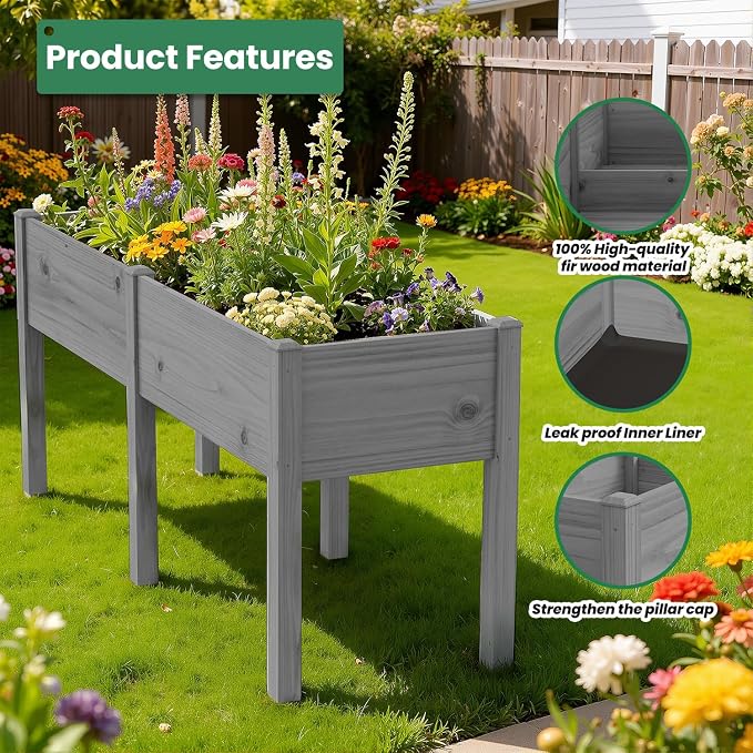 SUNYRISY Dual Wooden Raised Garden Bed Outdoor with Legs for Gardening, 71" L x 23.6" W x 31.5" H Elevated Planter Garden Box Raised Bed for Vegetable Flower Herb, Gray