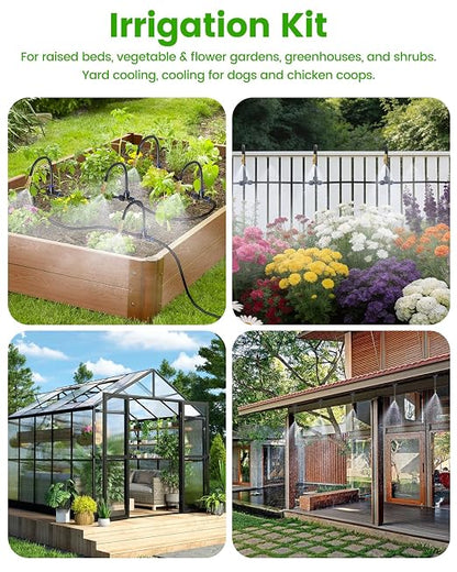 240FT Drip Irrigation System for Garden with 36 Nozzles –360° Adjustable Misting Nozzles, Quick-Connect Design, Ideal for Raised Beds, Lawns, Greenhouses & Outdoor Cooling