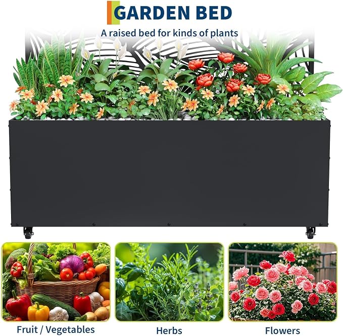 GarveeLife Metal Planter Box with Trellis and Wheels, 71"x47"x16" Raised Garden Bed for Climbing Plants, Vegetables, Vines, Privacy Planters for Patio with Drainage Holes, 15.7" Deep Planting Bed