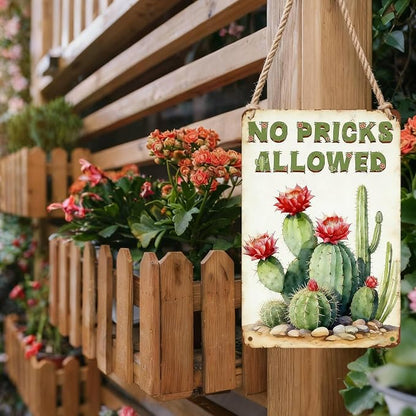 PEACHGARDEN Cactus Deocr Garden Signs No Pricks Allowed Southwestern Metal Tin Sign Cactus Wall Art Decor for Outdoor Garden Yard Greenhouse 12x16 inch