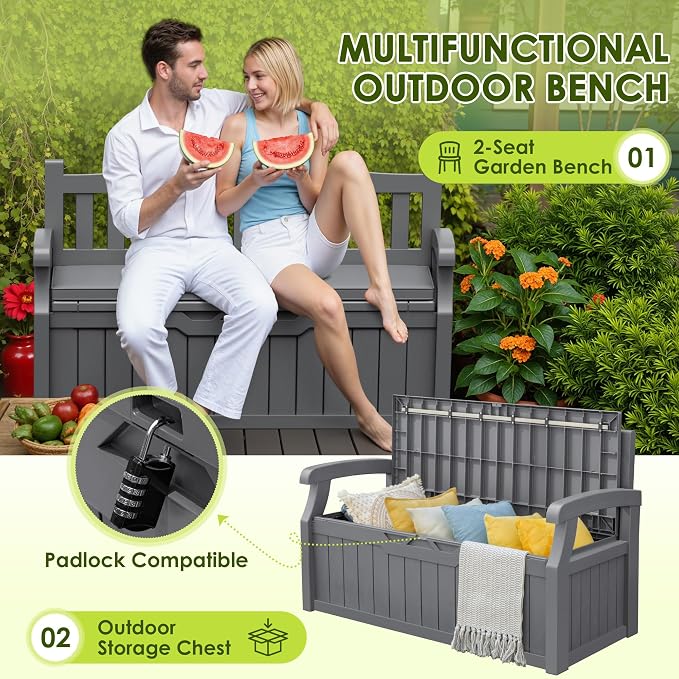 Greesum 80 Gallon Heavy-Duty Outdoor Storage Bench with Cushion, UV-Resistant Resin Bench with Armrest, Deck Box for Garden, Poolside, Patio, Dark Grey