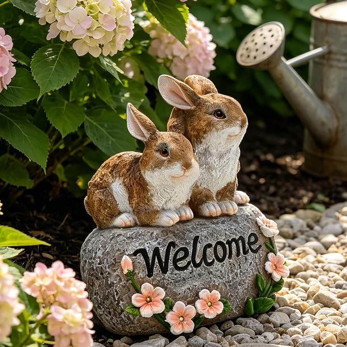 Solar Rabbit Garden Decor Outdoor Bunny Statue Welcome Sign Cute Resin Bunny Figurines for Yard Lawn Ornament Patio Porch Backyard Waterproof Decorative Gift for Women Bunny Lovers