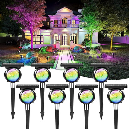 Focusing Solar Spot Lights Outdoor Waterproof, RGB+3CCT Tree Uplights 8Pack | Multicolor Focused Lens Spotlight, Dusk-to-dawn Light, Stake or Wall Mounting for Yard Landscape Garden Path Halloween Decor