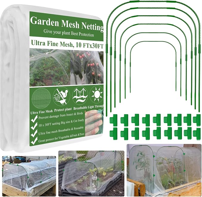 Garden Mesh Netting Kit, 10 * 30FT Ultra Fine Netting Plant Covers with 6 Pcs Wide Garden Hoops & 18 Clip, Garden Netting Kit for Raised Beds Plants Greenhouse Row Cover Barrier Protection Net