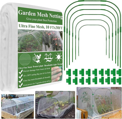 Garden Mesh Netting Kit, 10 * 30FT Ultra Fine Netting Plant Covers with 6 Pcs Wide Garden Hoops & 18 Clip, Garden Netting Kit for Raised Beds Plants Greenhouse Row Cover Barrier Protection Net