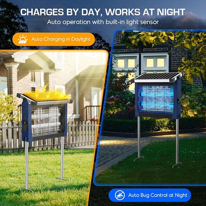 Solar Bug Zapper Outdoor Waterproof, 4500V High Power Cordless Mosquito Zapper with Smart Light Sensor, Dual Solar & USB Rechargeable Insect Killer for Patio, Garden, Backyard, Indoor & Outdoor Use
