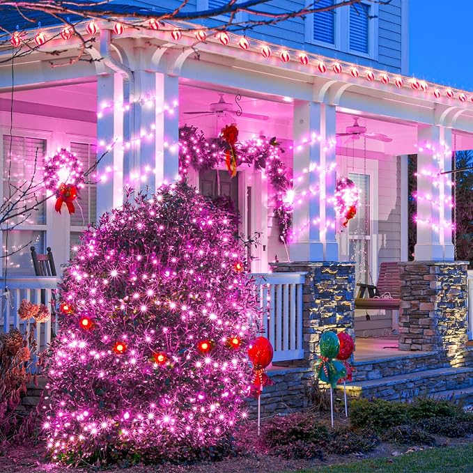 Pink Christmas Lights Outdoor, 66FT 200 LED Plug in Christmas Tree Lights Waterproof, 8 Modes Connectable String Lights for Outside Bedroom Home Patio Yard Holiday Decorations