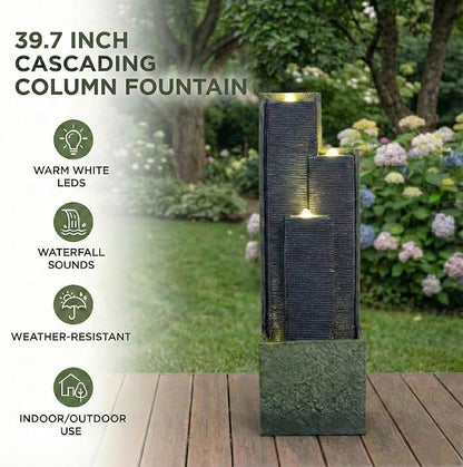40 Inch Outdoor Water Fountain with LED Light, Modern Cascading Freestanding Resin Waterfall Feature, Tall Garden Decor for Patio Porch Lawn Backyard