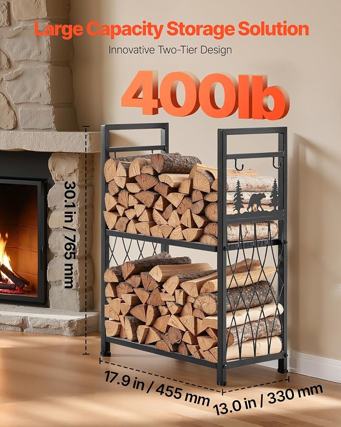 VEVOR Indoor Firewood Rack, 1.3 ft 2-Tier Firewood Holder with Fireplace Tools, Brush, Shovel, Poker, Tongs, Heavy Duty Log Wood Rack, 400 lbs Weight Capacity, Wood Pile Storage Stacker for Fire Pit