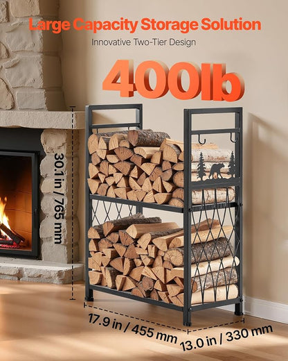 VEVOR Indoor Firewood Rack, 1.3 ft 2-Tier Firewood Holder with Fireplace Tools, Brush, Shovel, Poker, Tongs, Heavy Duty Log Wood Rack, 400 lbs Weight Capacity, Wood Pile Storage Stacker for Fire Pit