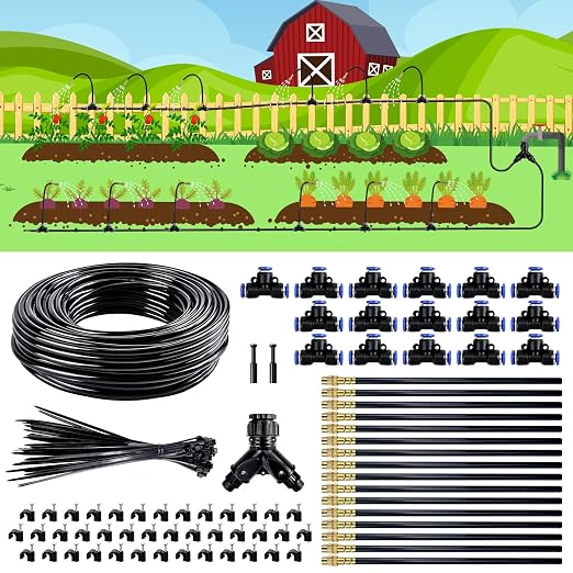 Drip Irrigation System,100 Ft Quick-Connect Garden Sprinkler Kit with 16pcs 360° Adjustable Nozzles for Garden, Lawn, Greenhouse, Raised Beds & Outdoor Plants