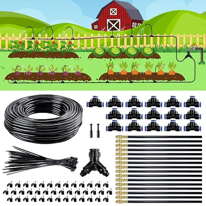 Drip Irrigation System,100 Ft Quick-Connect Garden Sprinkler Kit with 16pcs 360° Adjustable Nozzles for Garden, Lawn, Greenhouse, Raised Beds & Outdoor Plants