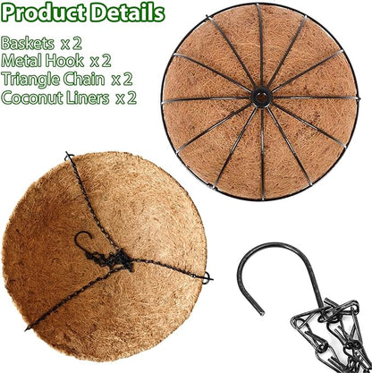 LCHUANG Hanging Baskets Planter for Plants - 2 Pack 14 Inch Metal Baskets with Coco Coir Liner, Hanging Flower Pots for Outside with Chain, Indoor Outdoor Garden Porch Decoration (14'' Pack of 2)