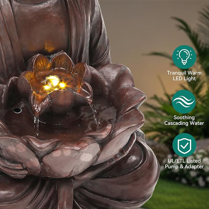 Zen Buddha Water Fountain Outdoor, 19" H Handcrafted Buddha Statue Water Feature with Soothing Waterfalls & Lights, Peaceful Oasis for Garden Patio Yard Deck Living Room Floor Tabletop Decor | Zen Lotus Water Feature with Soothing Cascading Waterfall f...