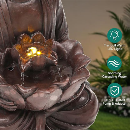 AUTODAYA 18.9" H Buddha Statue Outdoor Water Fountain with Warm LED Lights | Zen Style Garden Fountain with Relaxing Waterfall for Patio, Porch, or Yard Decor, Faux Bronze
