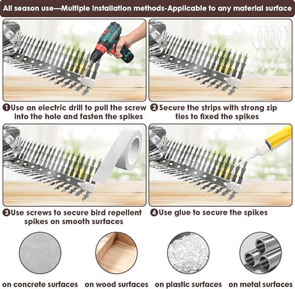 Bird spikes deterrent for outside Stainless Steel 360°Bend 100cm with Accessories, Anti Climb Spikes to Keep Birds- Pigeon-Racoon-Squirrel-Cat Away from porch baffle feeder yard patio garden Fence