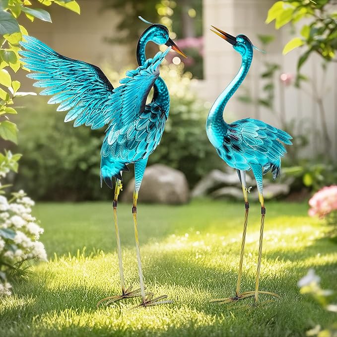 36.8" Metal Crane Garden Statue, Oversized Heron Yard Decor | Handcrafted with 3DTexture, Hand-Painted, U-ground Stakes for Stability, Weather Resistant Iron, Backyard Lawn Pond Patio
