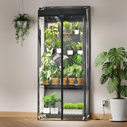 Barrina LH750 Pegboard Indoor Greenhouse with Grow Light, Plant Cabinet with 90W 5000K Full Spectrum Lamps, 3 Adjustable Pegboards, Timer, Wheel, for Foliage Plant, Seedling, 29.5x13.8x67.9IN