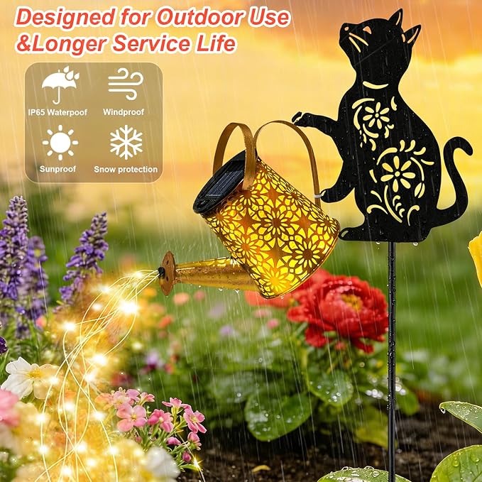 VOOKRY Solar Lights Outdoor,Watering Can with Cat Silhouette Stake | Garden Gifts for Mom,Women&Garden Lovers Waterproof Metal Garden Water kettle,Decorative Yard Patio Lawn Pathway Decor(1Pack)