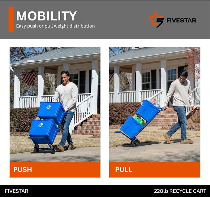 FIVESTAR 220 lb. Capacity Heavy-Duty Wheeled Recycle Cart with Steel Frame and All-Terrain Wheels and Recycle Bin Clips