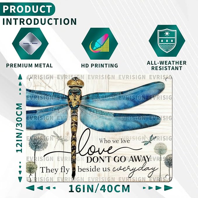 Dragonfly Vintage Metal Tin Sign Those We Love Don't Go Away They Fly Beside Us Every Day For Dragonfly Lovers Memorial Gift Garden Home Bedroom Living Room Wall Art 12x16inch